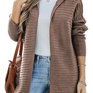 Women's Brown Horizontal Rib Knitted Open Front Hooded Cardigan